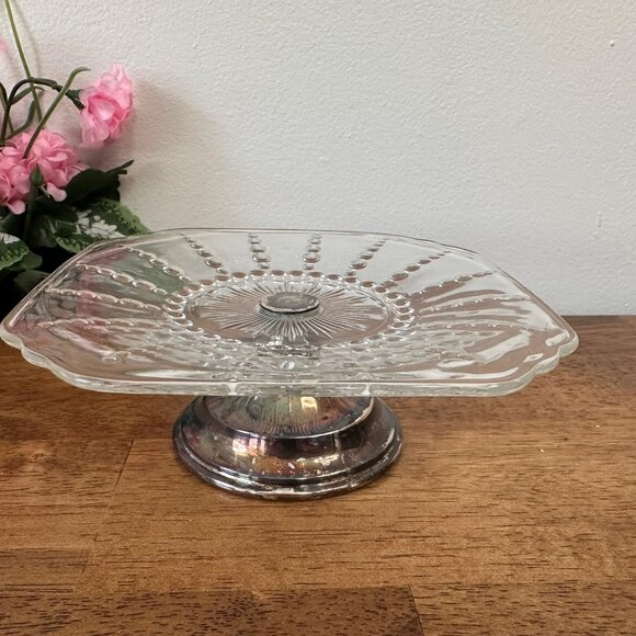 Federal Glass Columbia Depression‎ Glass Pedestal Plate Clear Sunburst Square - Picture 1 of 6